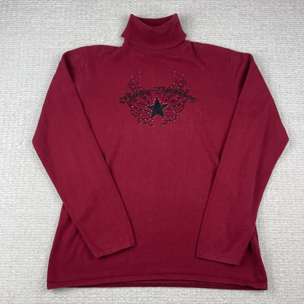 Y2K Harley Davidson Turtleneck Sweater Women Sz XL Red Angels Wings star design